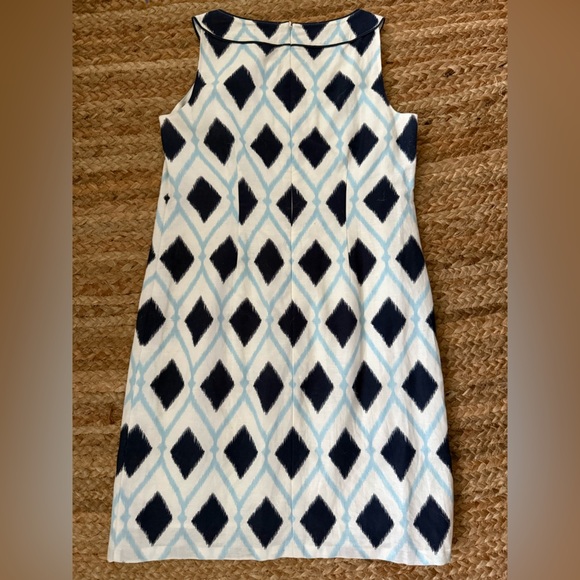 Talbots 8 Petite Blue & White Geometric Print Shift Dress Linen & Cotton Blend - Picture 6 of 6
